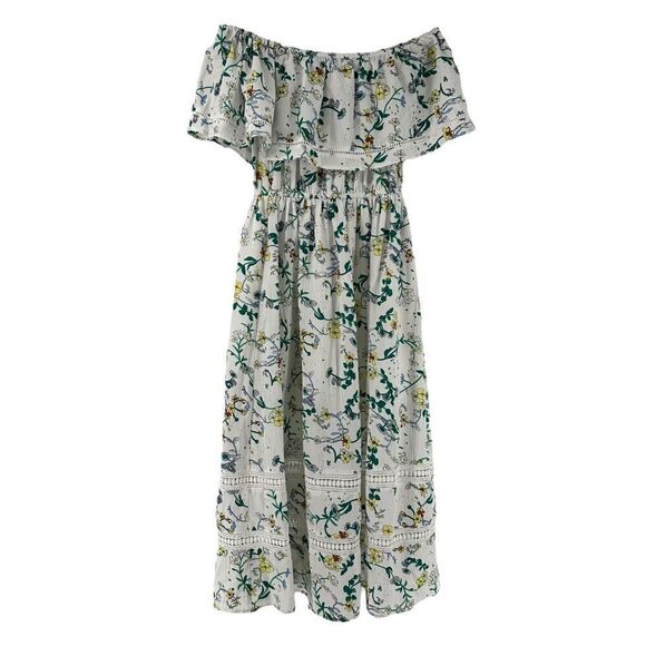 Off The Shoulder Midi Dress Ruffle White Green Floral Size 4 Pretty Little Thing - Picture 1 of 9